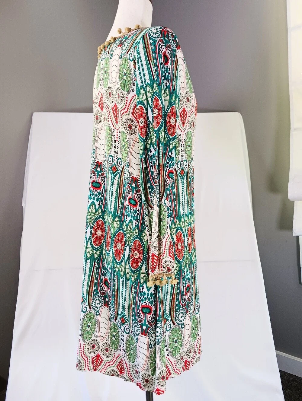 Beach Swim Cover Up V Neck Dress Boho Print Pom Pom Trim Teal Orange Size XS S